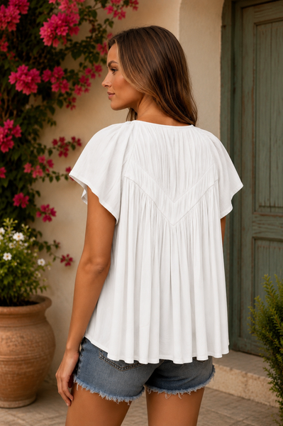 Flutter Sleeve Yoke Blouse - Ivory