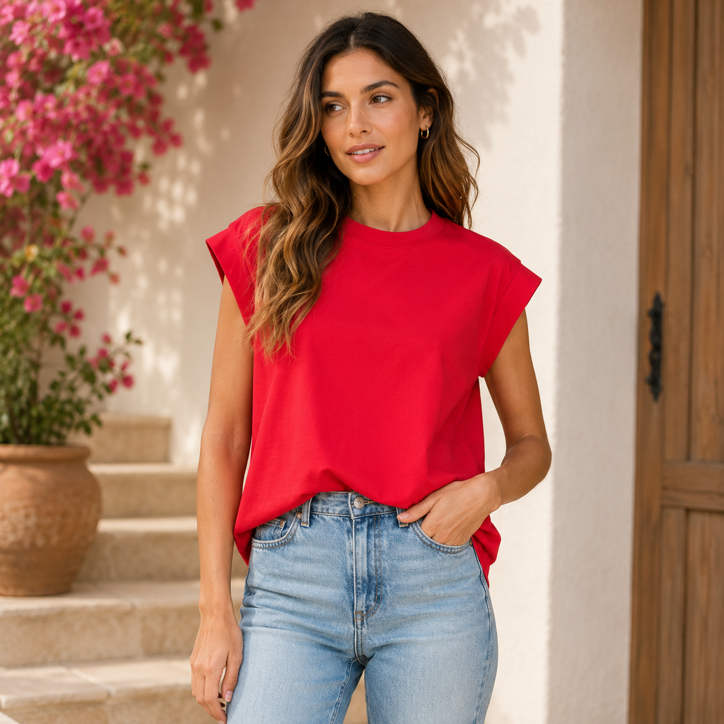 Rolled Sleeve Top - Red