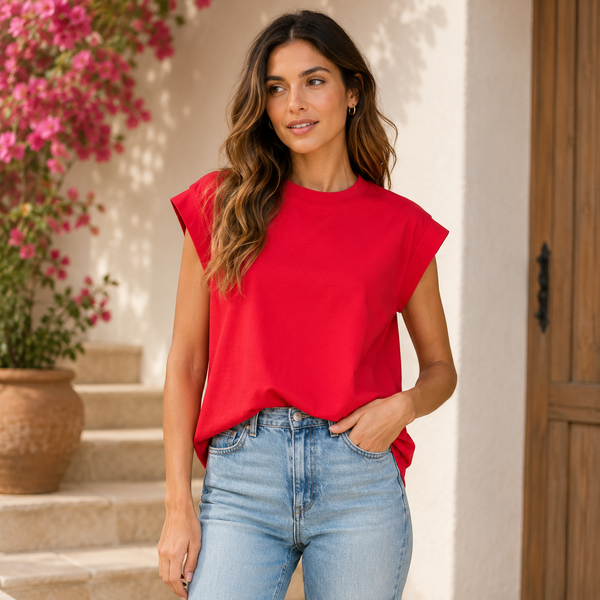 Rolled Sleeve Top - Red