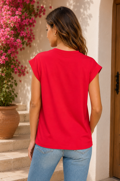 Rolled Sleeve Top - Red