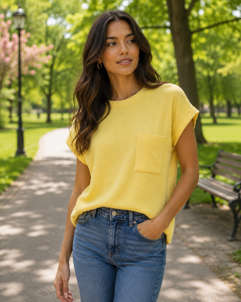 Ribbed Top w/ Pockets - Yellow