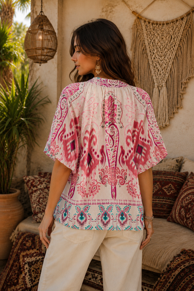 Boho Border Print Top - Pink