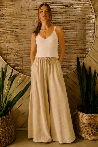 Mineral Washed Wide Leg Pants - Linen