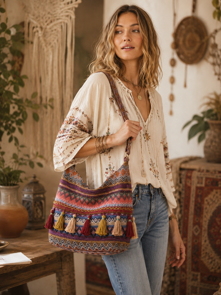Boho Ethnic Shoulder Bag - Coral Multi