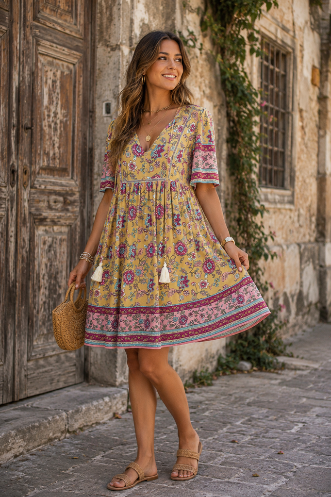Bohemian Border Print Dress - Beige Multi