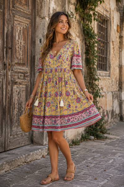 Bohemian Border Print Dress - Beige Multi