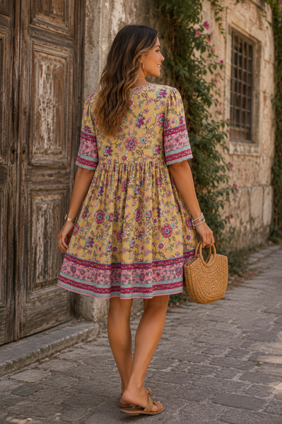 Bohemian Border Print Dress - Beige Multi