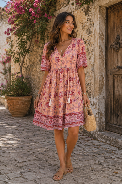 Bohemian Border Print Dress - Pink Multi