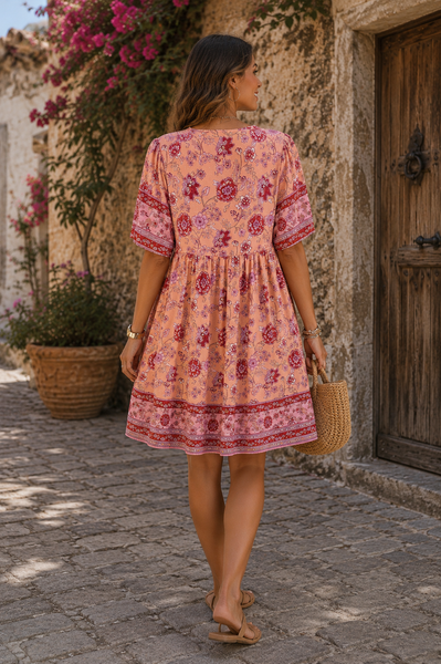 Bohemian Border Print Dress - Pink Multi