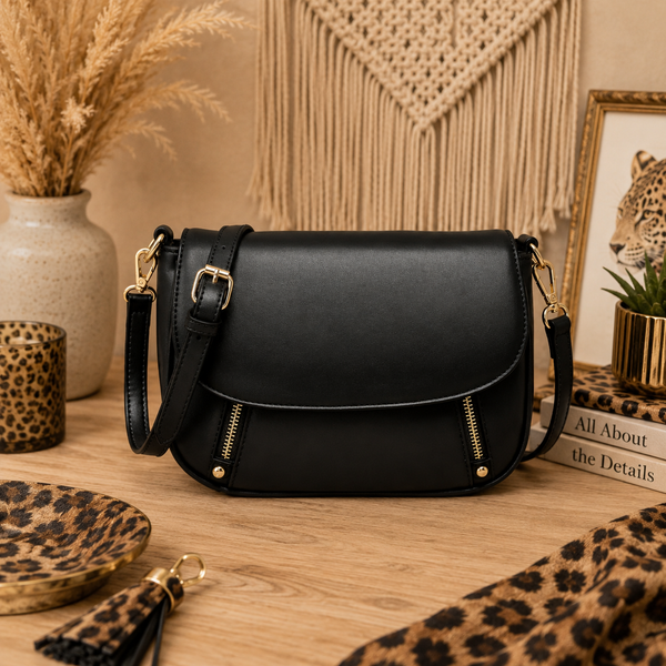Dual Zip Flapover Crossbody - Black