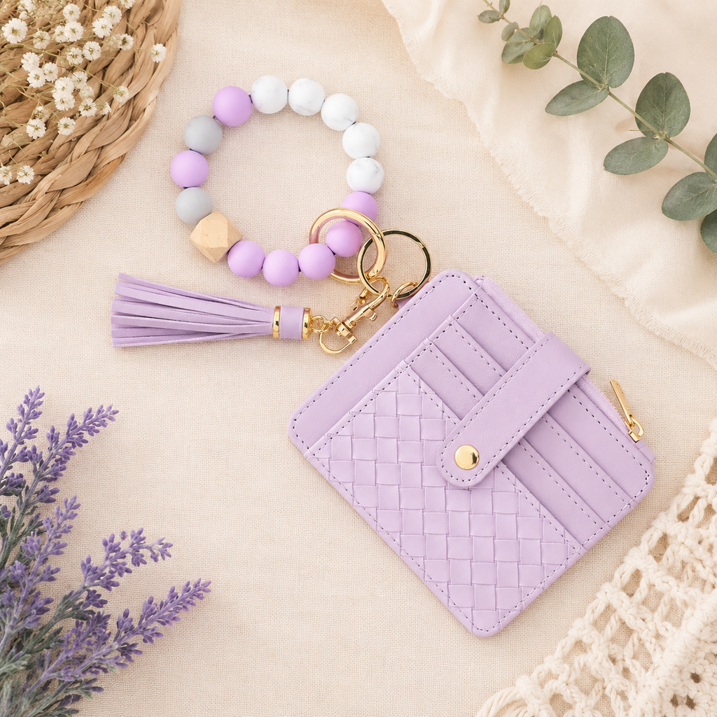 Quilted Beaded Keychain Bracelet Wallet - Lavender
