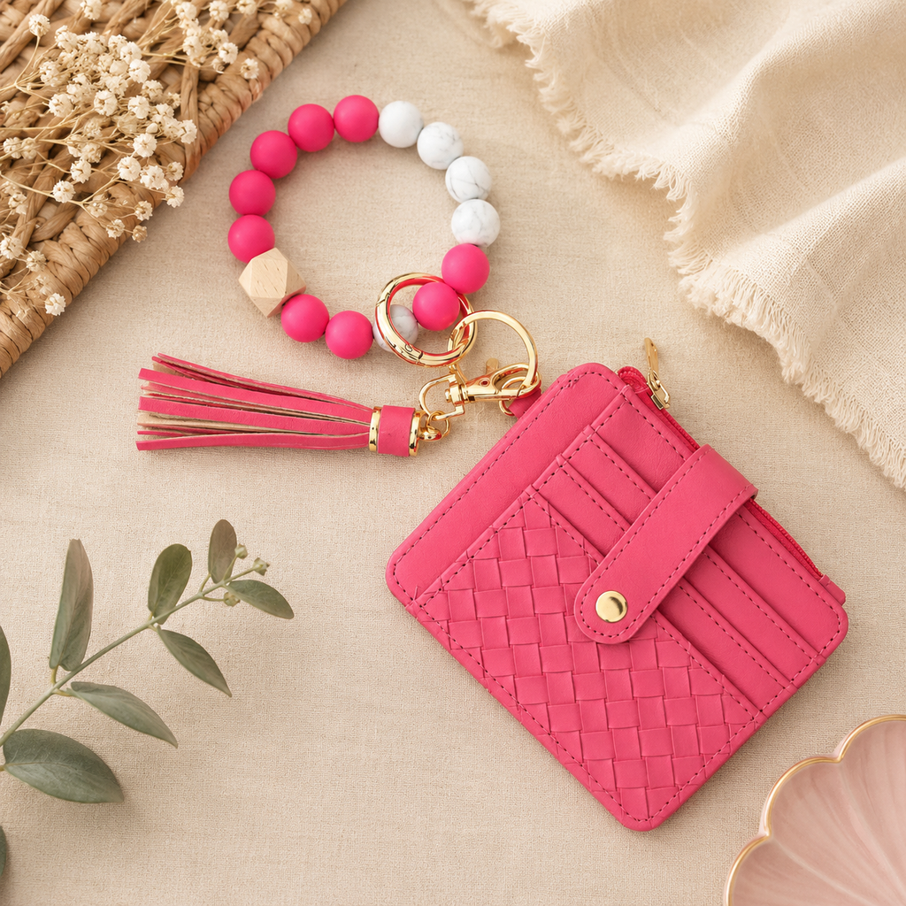 Quilted Beaded Keychain Bracelet Wallet - Fuchsia