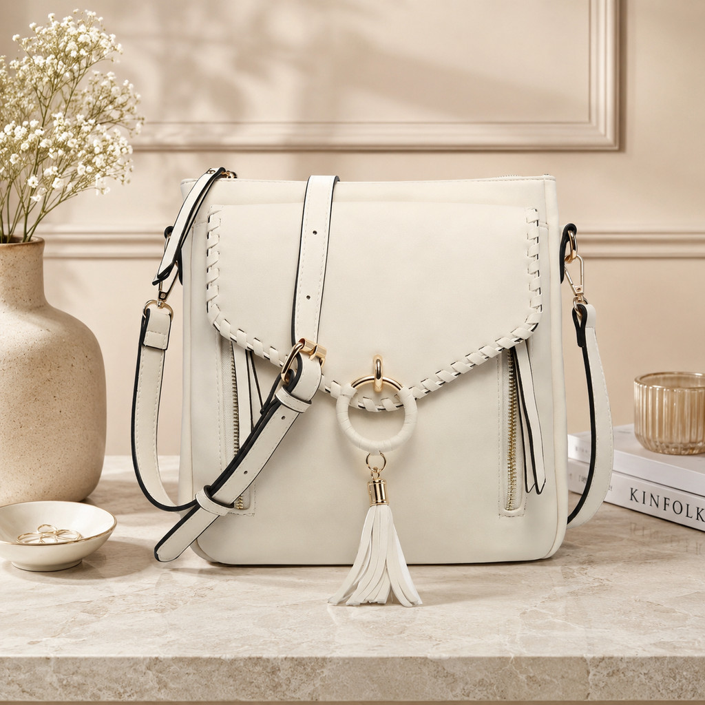 Whipstitch Trim Crossbody w/ Tassel - Stone