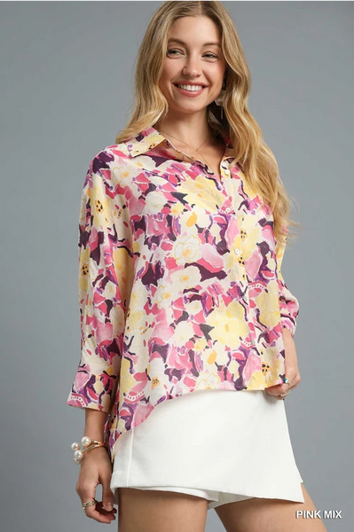 Watercolor Floral Button Up Blouse - Pink Mix