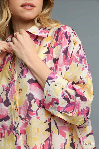 Watercolor Floral Button Up Blouse - Pink Mix