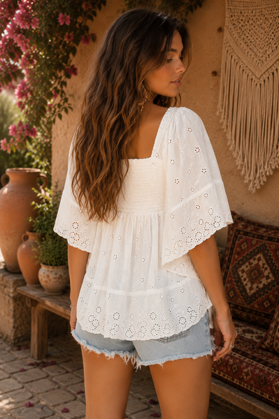 Embroidered Kimono Sleeve Smocked Top - White