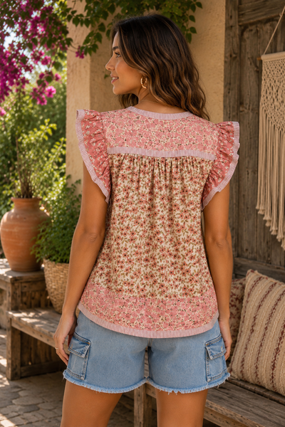 Patchwork Flower Print Ruffle Sleeve Top - Rose Pink