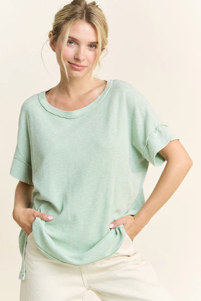 Scooped Neck Slub Top - Light Sage