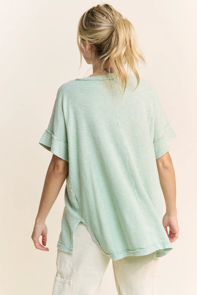 Scooped Neck Slub Top - Light Sage
