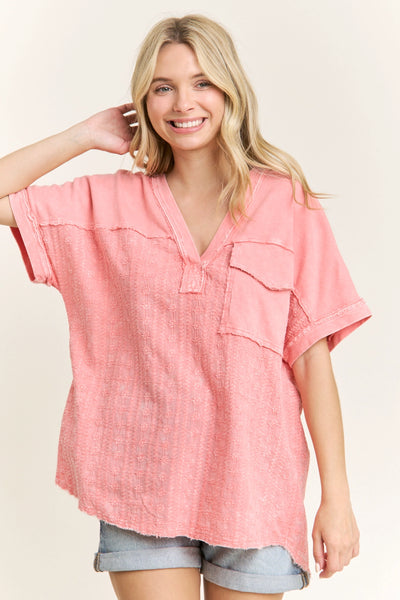 Boho Floral Eyelet Half Sleeve Blouse - Peach Coral