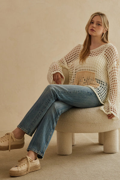Hooded Crochet Top w/ Front Pocket - Cream