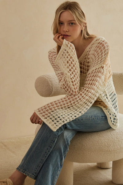 Hooded Crochet Top w/ Front Pocket - Cream
