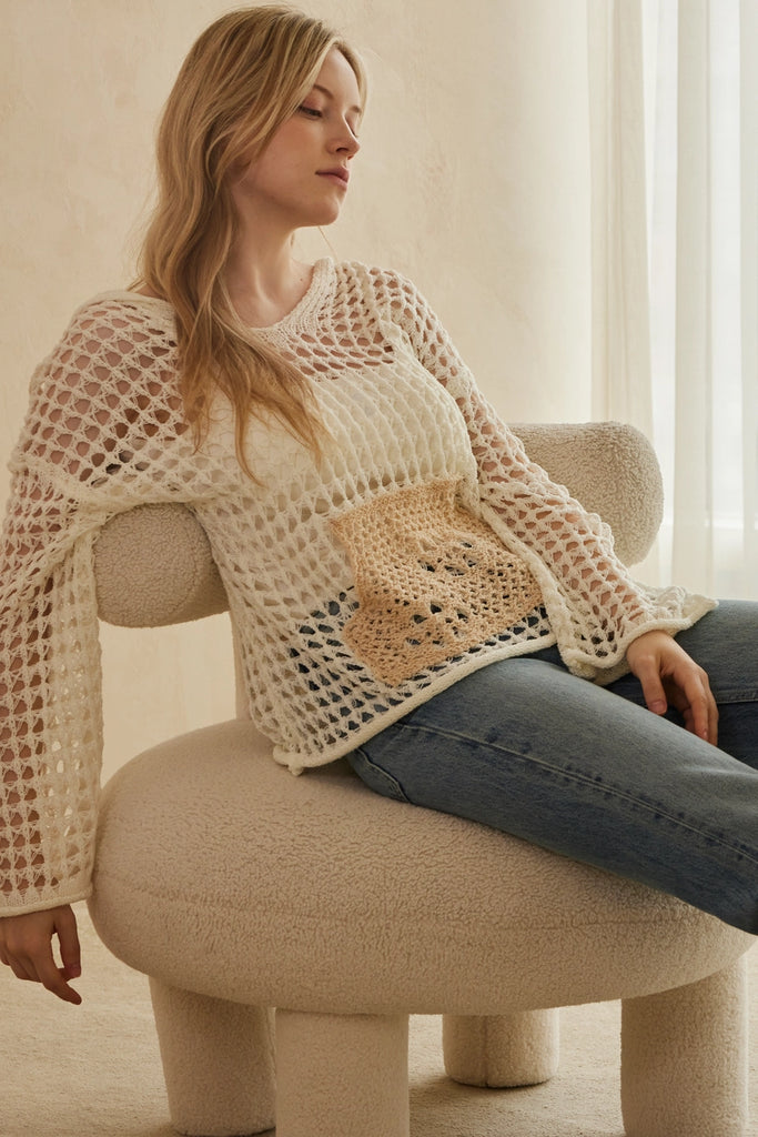 Hooded Crochet Top w/ Front Pocket - Cream