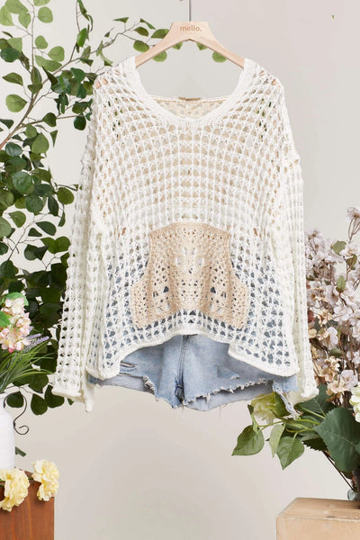 Hooded Crochet Top w/ Front Pocket - Cream