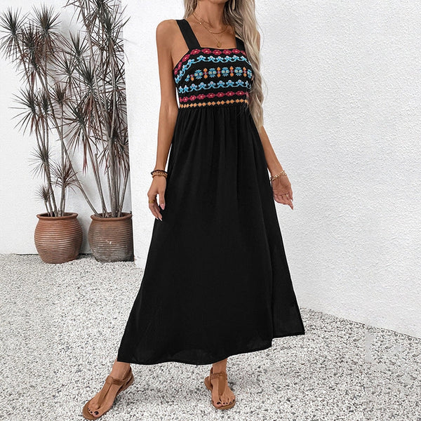 Embroidered Bohemian Maxi Dress - Black