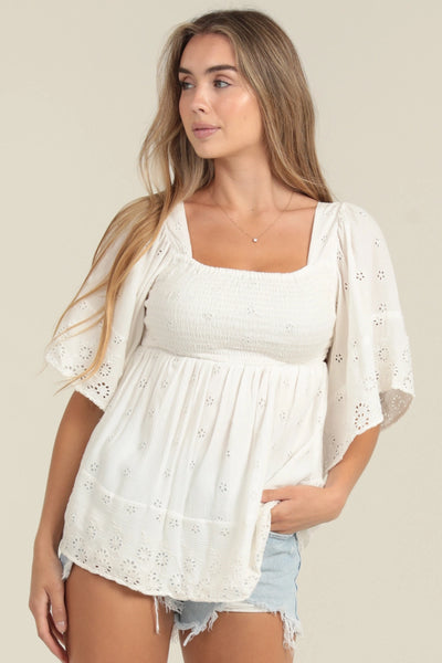 Embroidered Kimono Sleeve Smocked Top - White