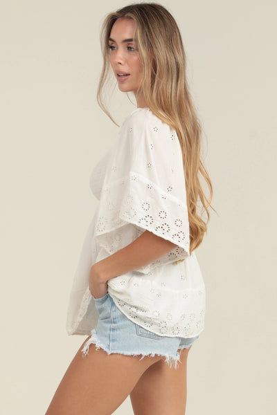 Embroidered Kimono Sleeve Smocked Top - White