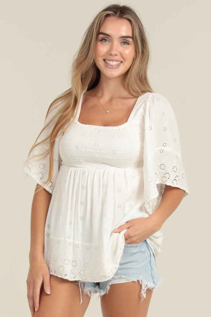 Embroidered Kimono Sleeve Smocked Top - White