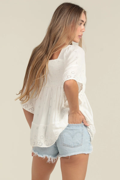 Embroidered Kimono Sleeve Smocked Top - White