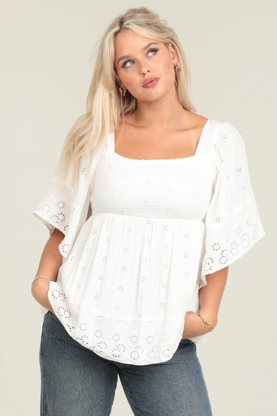 Embroidered Kimono Sleeve Smocked Top - White