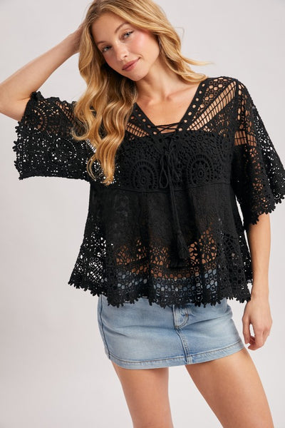 Bohemian Sheer Crochet Top - Black