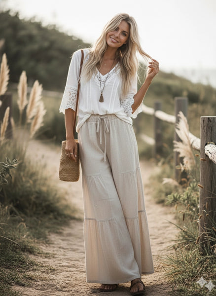 Linen Blend Tiered Wide Leg Palazzo Pants - Natural