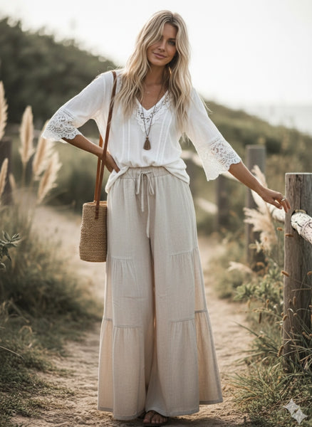 Linen Blend Tiered Wide Leg Palazzo Pants - Natural