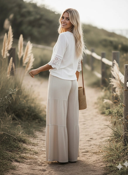 Linen Blend Tiered Wide Leg Palazzo Pants - Natural
