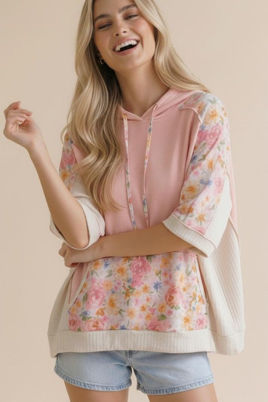 Floral Color Block Knit Top w/ Hoodie - Peach/Cream