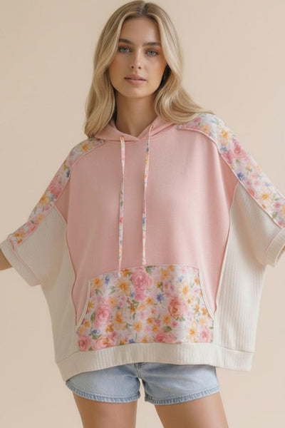 Floral Color Block Knit Top w/ Hoodie - Peach/Cream
