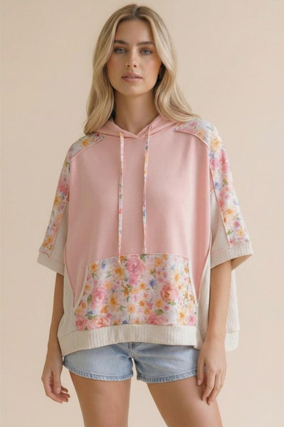 Floral Color Block Knit Top w/ Hoodie - Peach/Cream