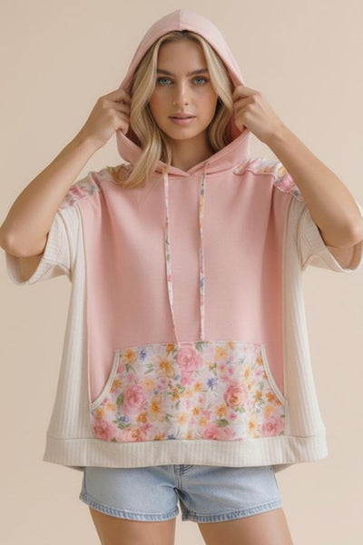 Floral Color Block Knit Top w/ Hoodie - Peach/Cream