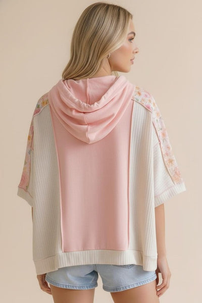 Floral Color Block Knit Top w/ Hoodie - Peach/Cream