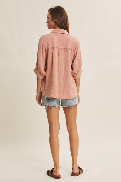 Gauze Button Down Shirt - Salmon