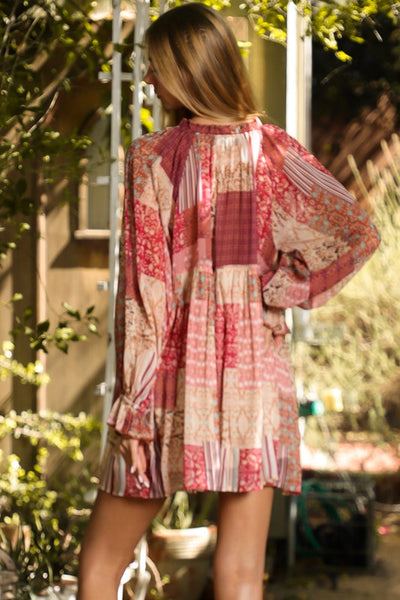 Boho Patchwork Dress - Red/Beige