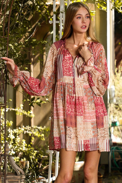 Boho Patchwork Dress - Red/Beige