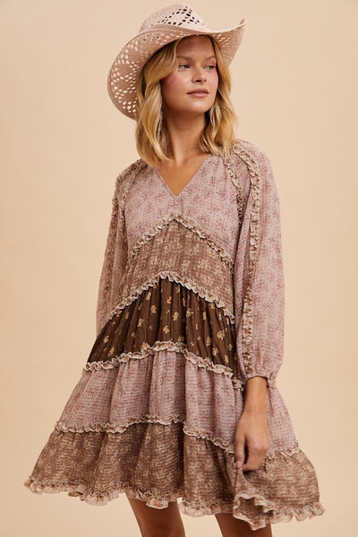 Ruffled Bohemian Dress - Dusty Pink Combo