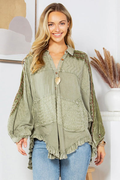 Bohemian Stonewashed Bat Sleeve Top - Olive