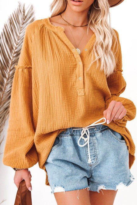 Balloon Sleeve Crinkle Top - Mustard -SALE