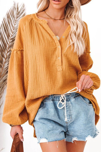 Balloon Sleeve Crinkle Top - Mustard